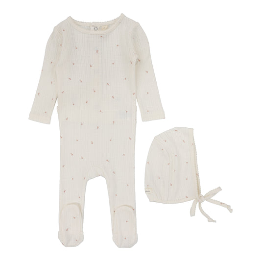 Printed Pointelle Footie With Bonnet- Cream Floral