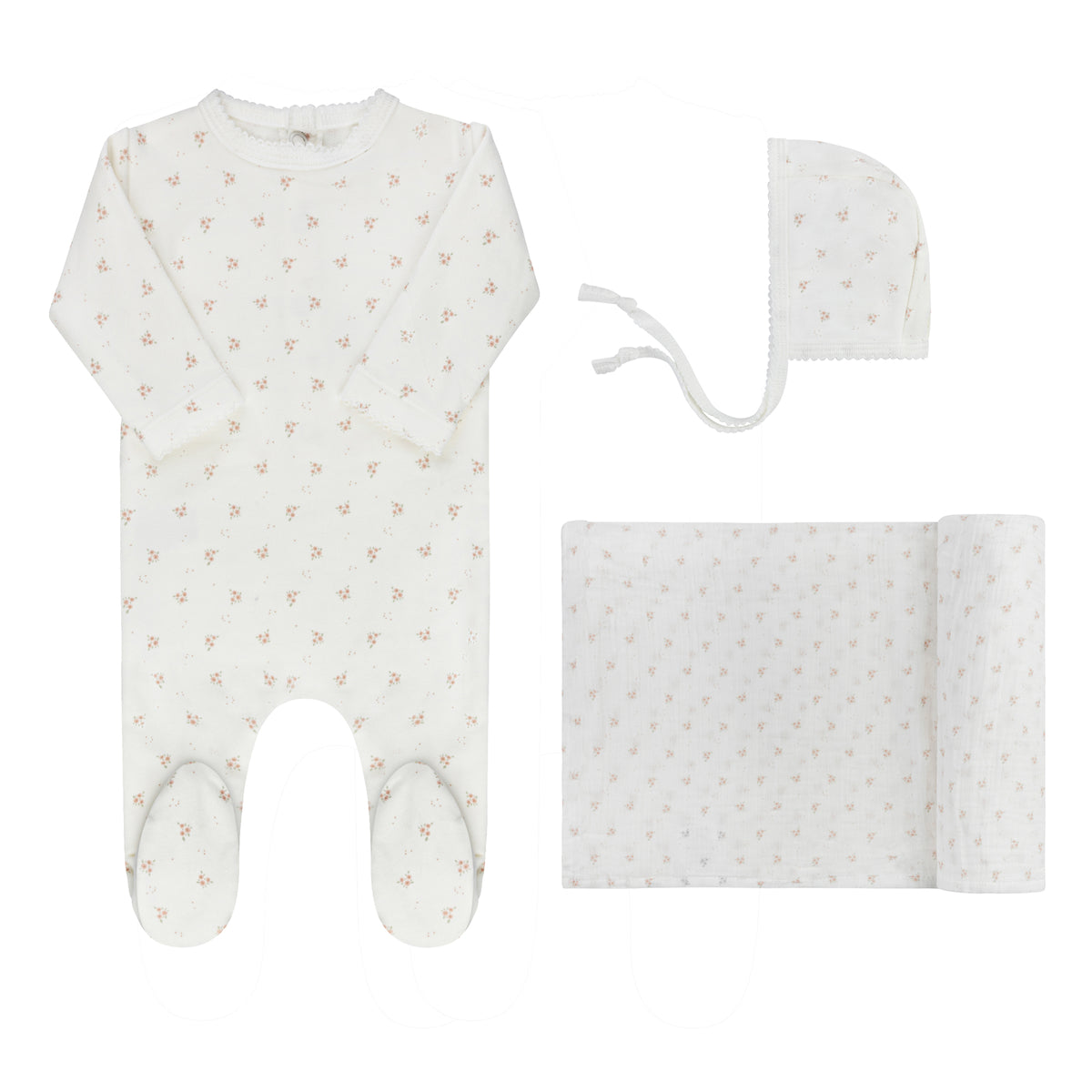 Rosebud Footie and Bonnet-Ivory Pink