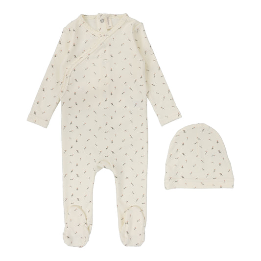 Printed Wrapover Footie- Scattered Branches Ivory