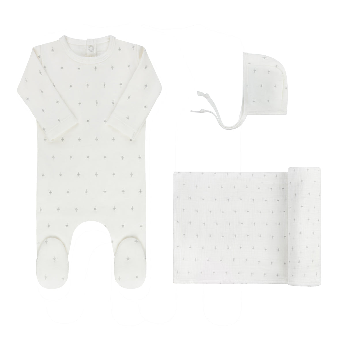 Rosebud Footie and Bonnet-Ivory Blue