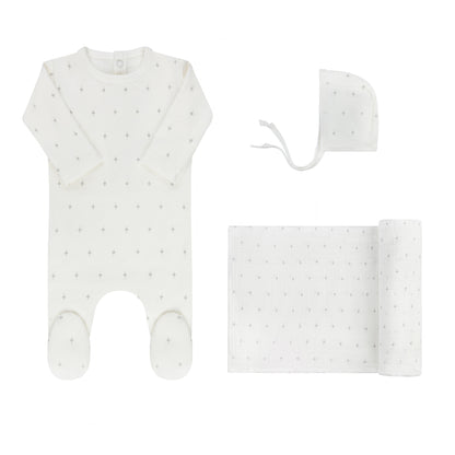 Rosebud Footie and Bonnet-Ivory Blue