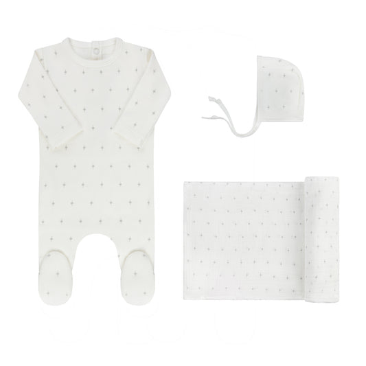 Rosebud Footie and Bonnet-Ivory Blue