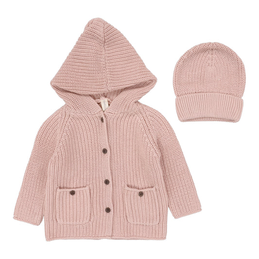 Chunky Knit Jacket + Beanie- Powder Pink