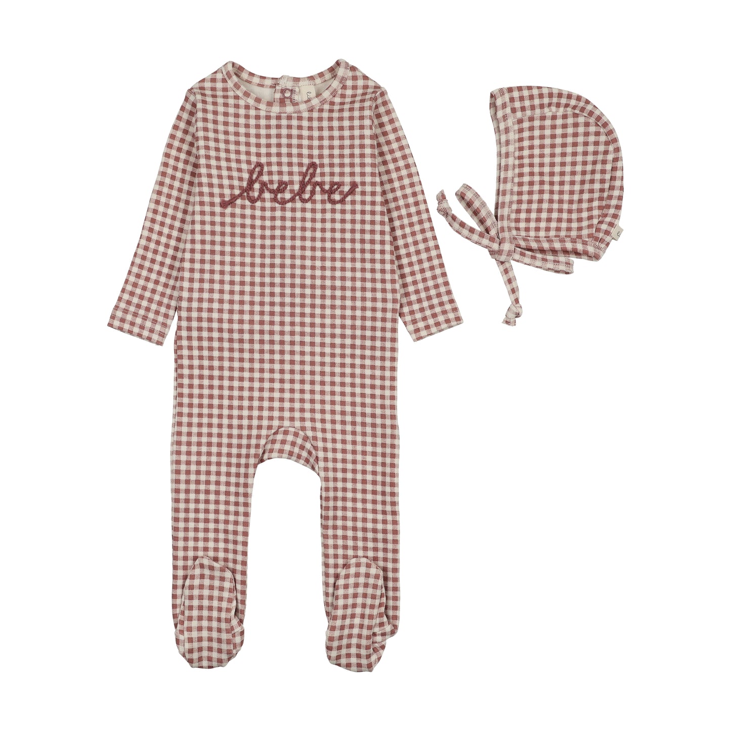 GINGHAM BEBE FOOTIE SET- MUAVE