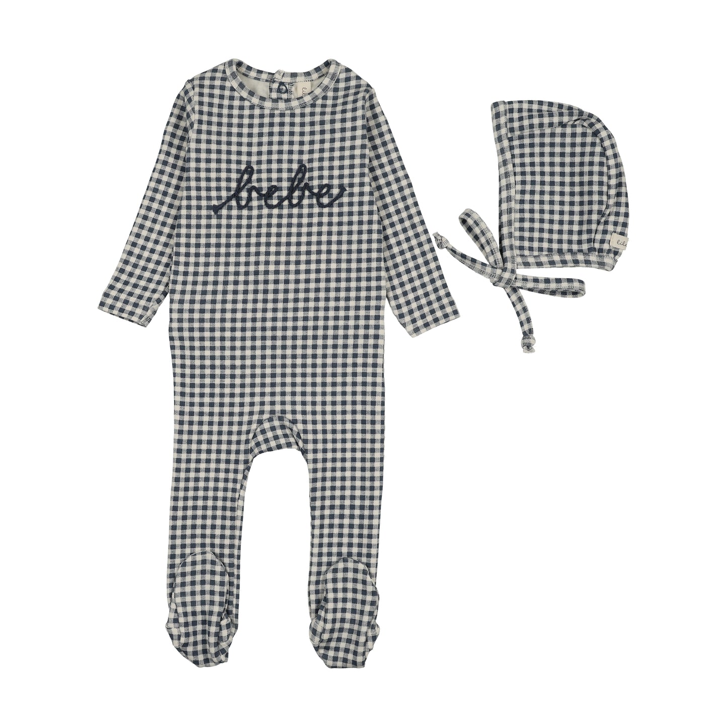 GINGHAM BEBE FOOTIE SET- OFF NAVY