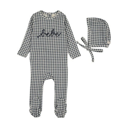 GINGHAM BEBE FOOTIE SET- OFF NAVY