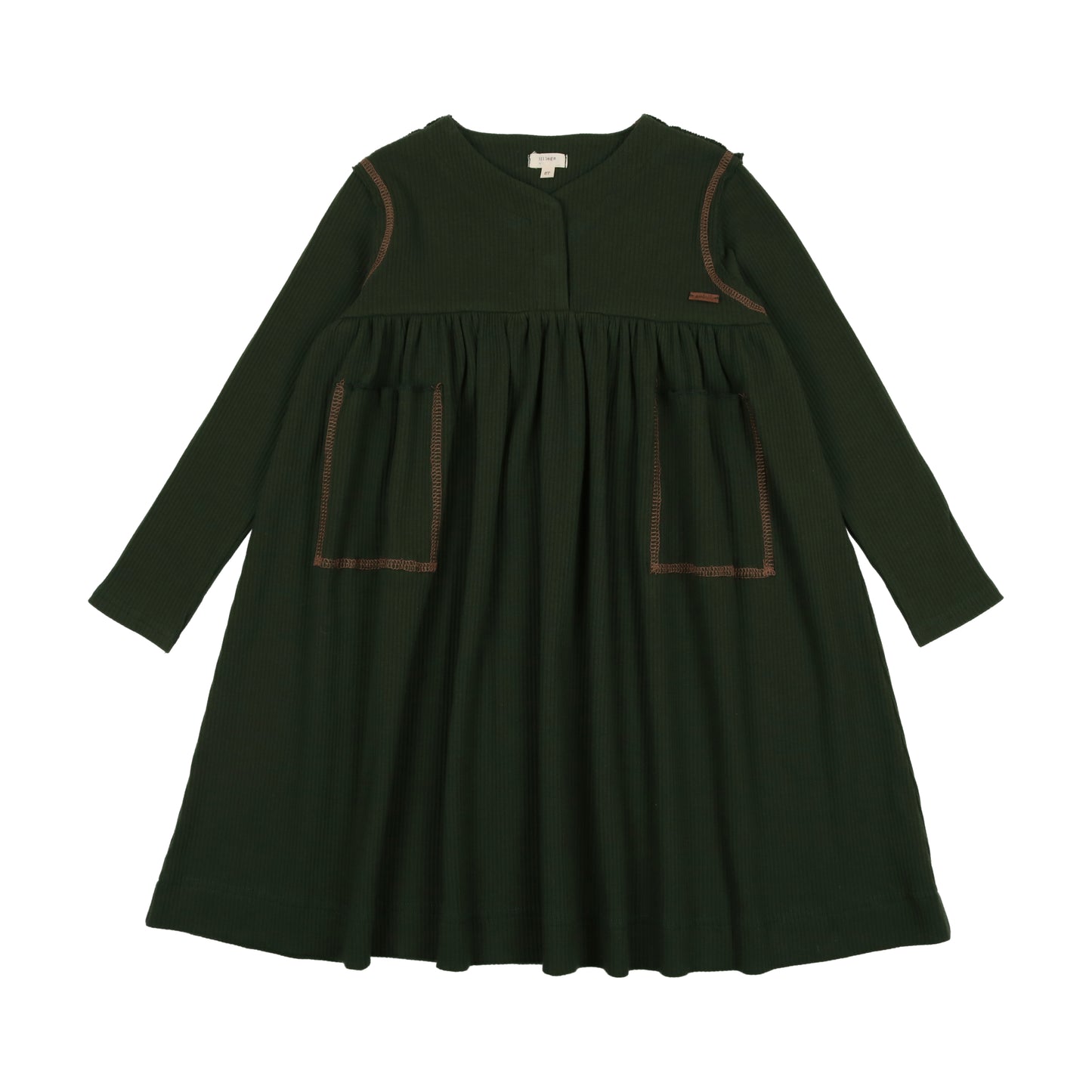 Ribbed Placket Dress- Green/Camel