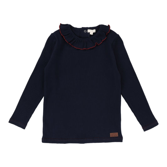 Ruffle Collar Tee- Navy/Red