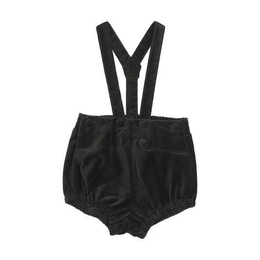 VELVET GATHERED SUSPENDER SHORTS- BLACK