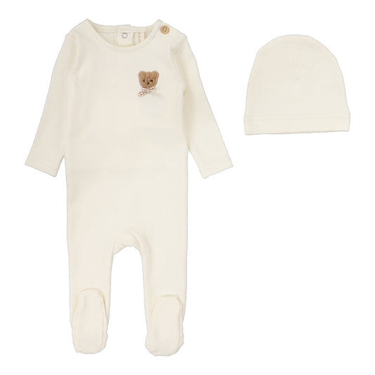 Bear Applique Footie Set  Cream
