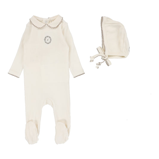 Emblem Embroidered Footie Set  Cream/Oat