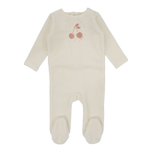 Cherry Graphic Velour Footie With Beanie - Ivory/Apricot