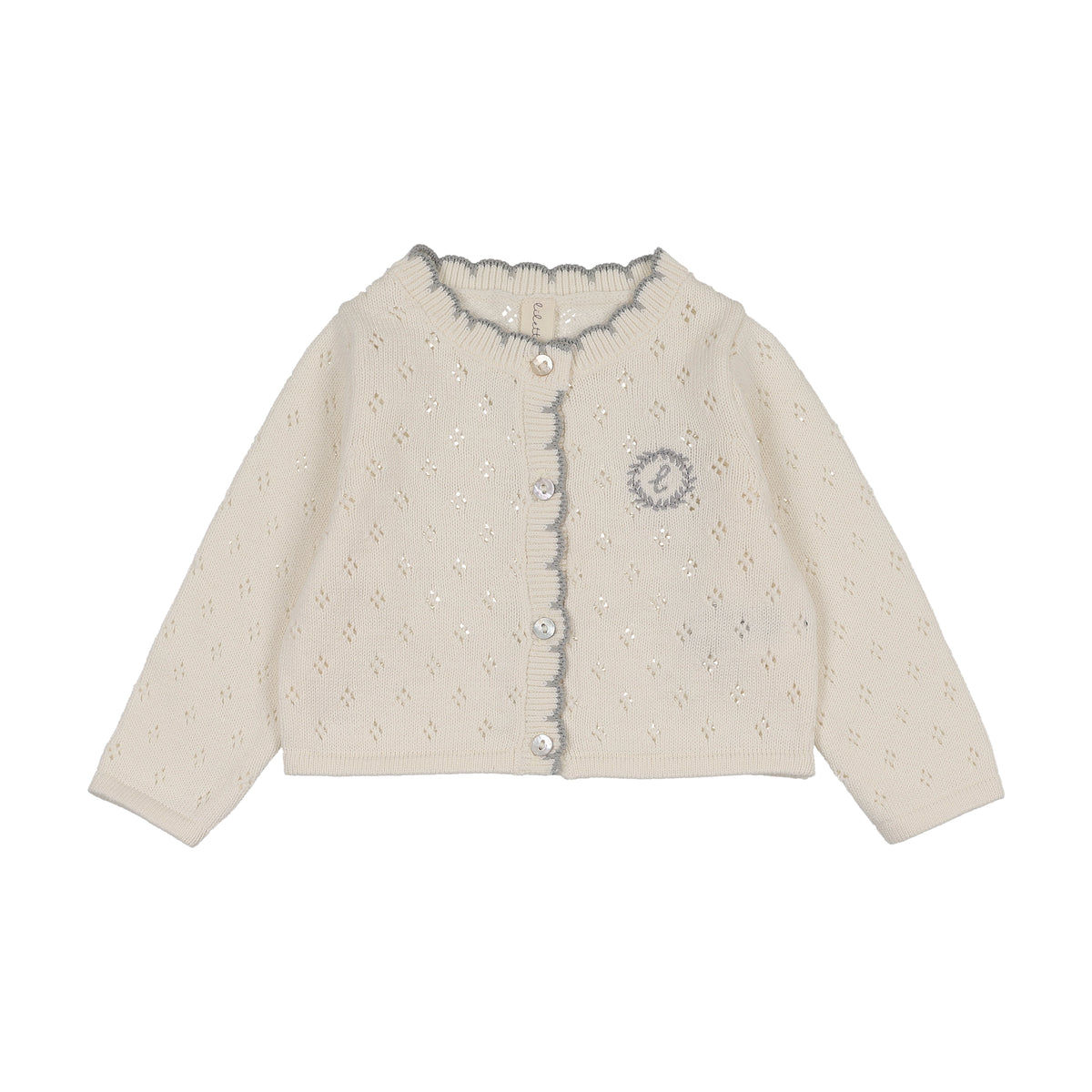 DIAMOND POINTELLE CARDIGAN- CREAM/BLUE