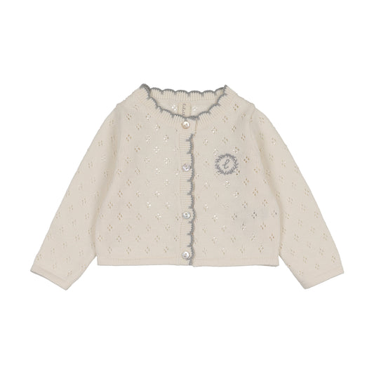 DIAMOND POINTELLE CARDIGAN- CREAM/BLUE