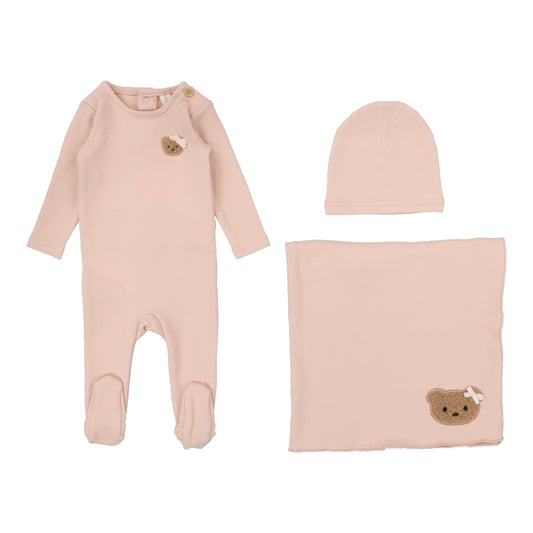 Bear Applique Layette Set  Dusty Pink