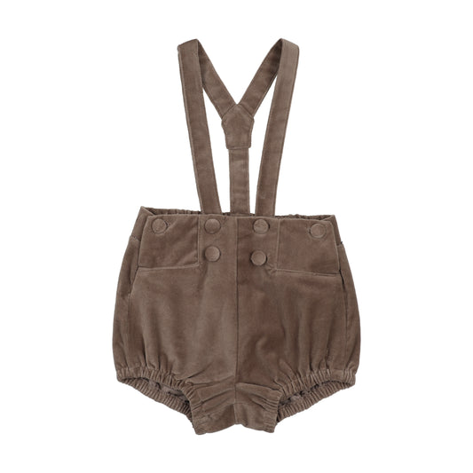 VELVET GATHERED SUSPENDER SHORTS- MISTY OAT