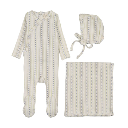 LINEAR PRINT LAYETTE SET- CREAM/BLUE