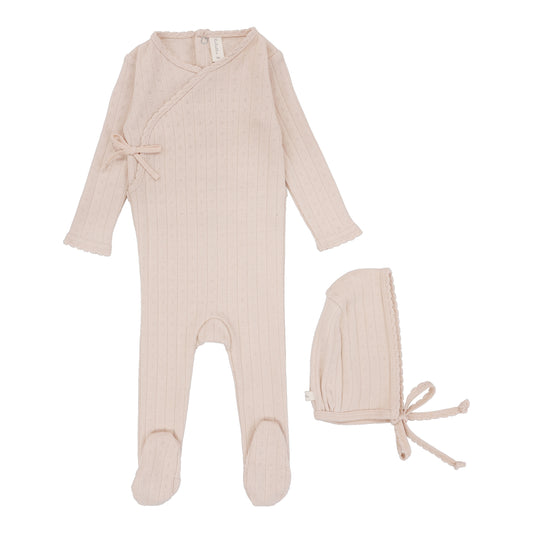 Fine pointelle Footie With Bonnet- Pale Pink