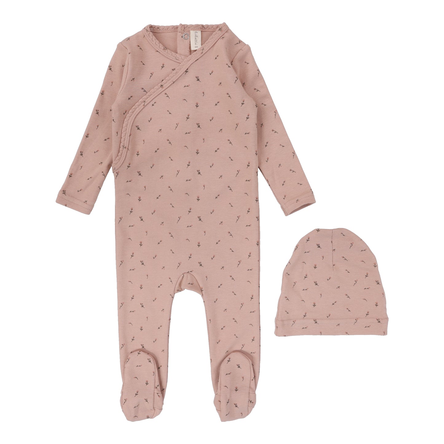 Printed Wrapover Footie- Scattered Branches Pink