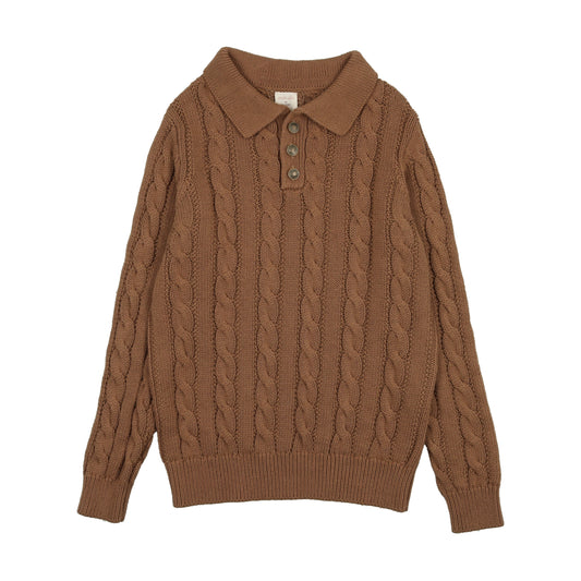 Cable Knit Polo- Camel