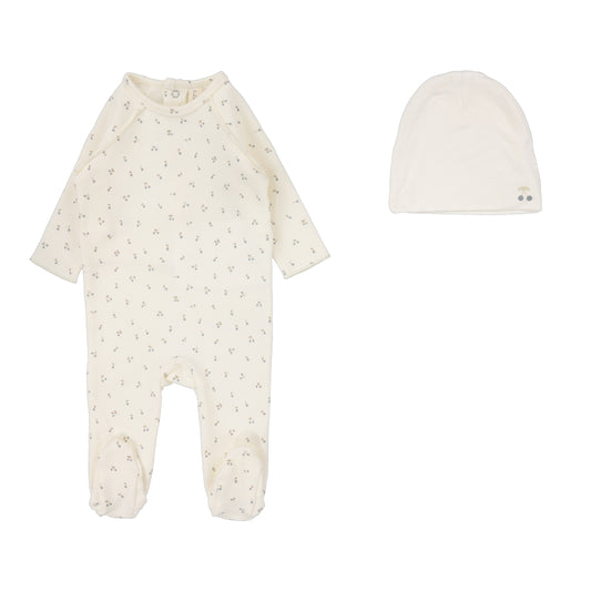 Cherry Print Footie Set  Cream/Blue