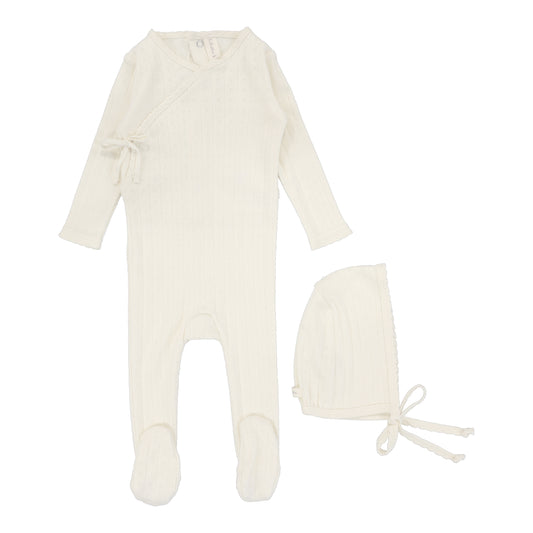 Fine pointelle Footie With Bonnet - Cream