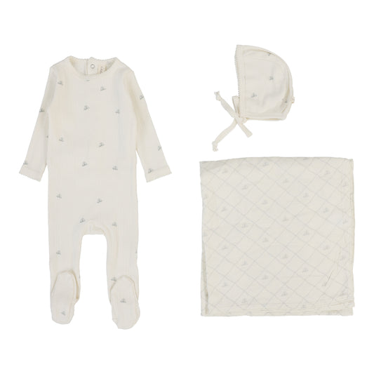 Printed Pointelle Footie Set  Cream/Blue Crown