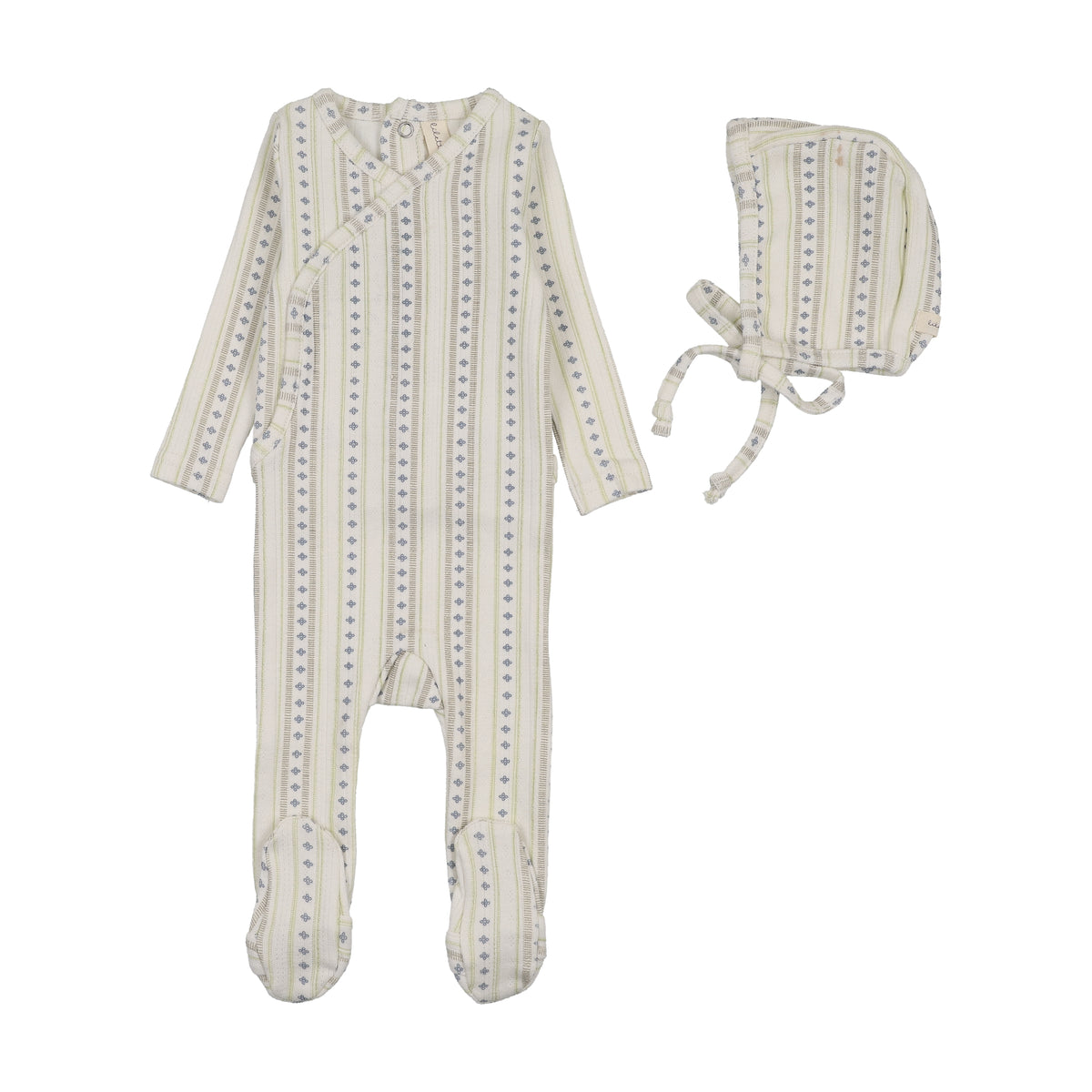 LINEAR PRINT LAYETTE SET- CREAM/BLUE