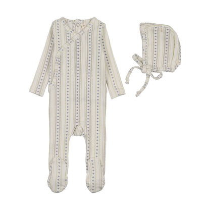 LINEAR PRINT LAYETTE SET- CREAM/BLUE