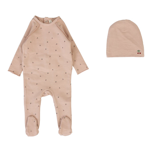 Cherry Print Footie Set  Dusty Pink