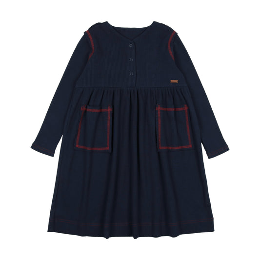 Ribbed Placket Dress- Navy/Red