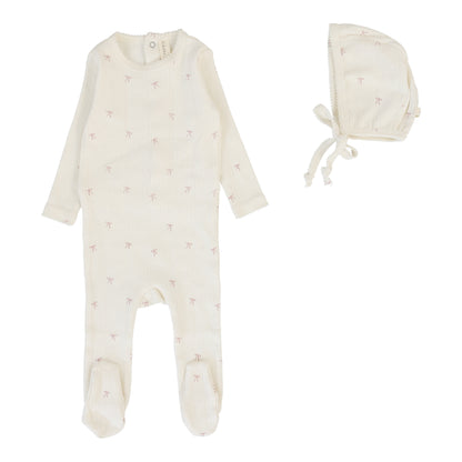 Printed Pointelle Footie Set  Cream/Pink Bow