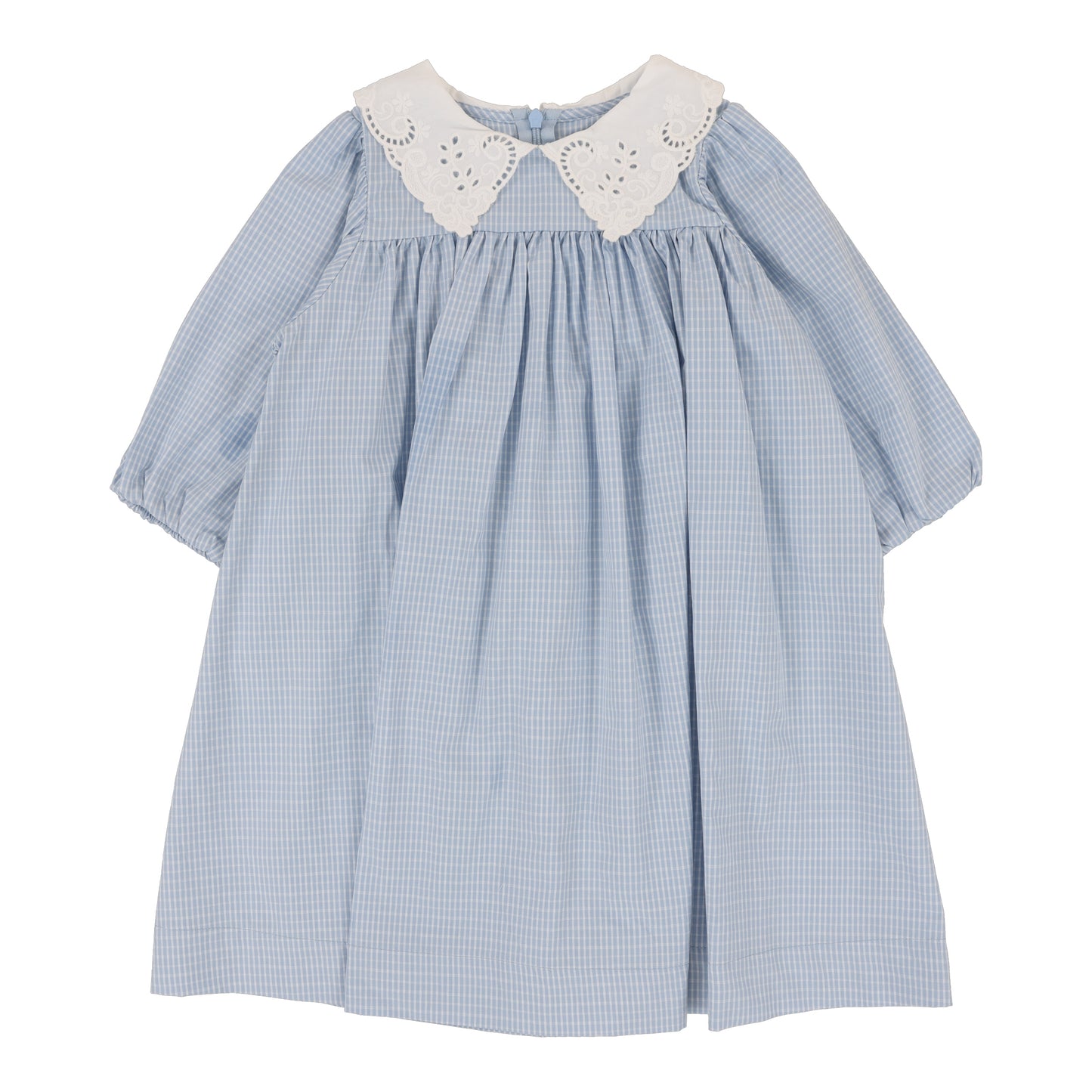 Windowpane Dress Three Quarter Sleeves- Light Blue