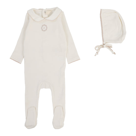 Emblem Embroidered Footie Set  Cream/Pink