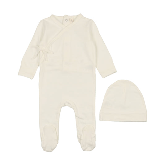 Brushed Cotton Wrapover Footie with Beanie- Winter White