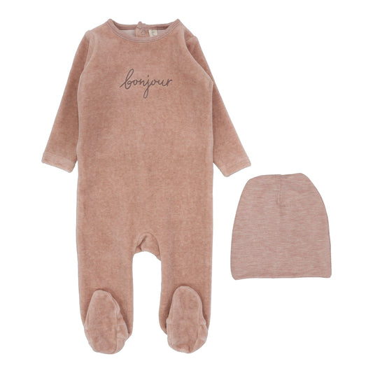 Velour Bonjour Footie with Beanie - Heathered Pink