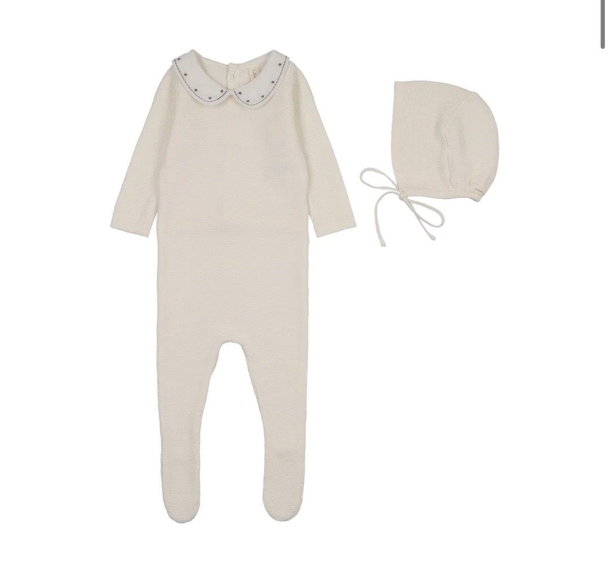 EMBROIDERED KNIT COLLAR FOOTIE SET- CREAM/BLUE