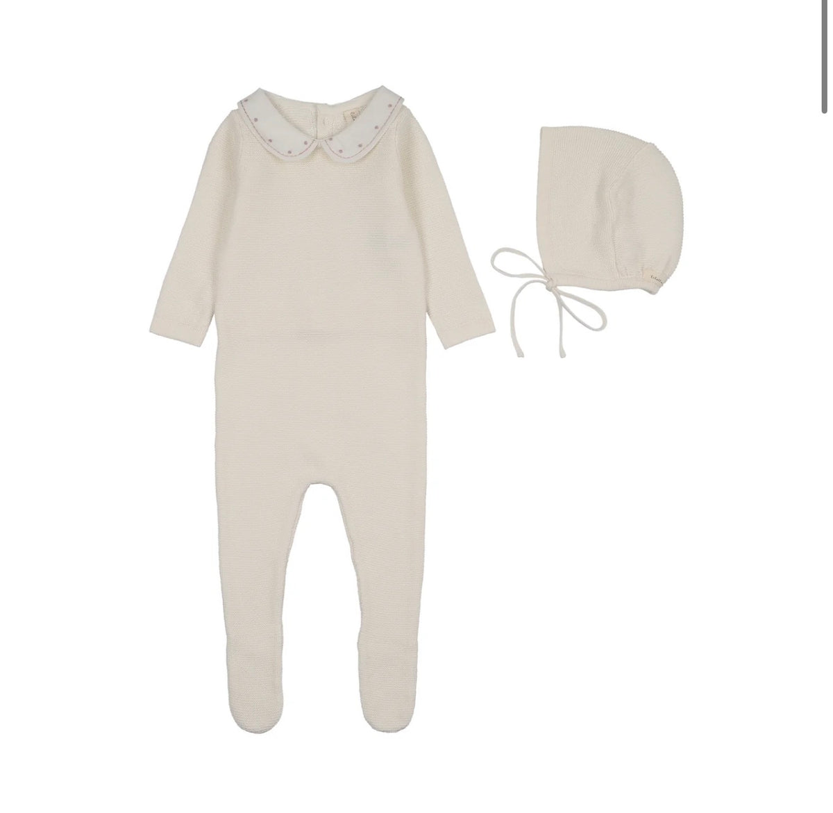 EMBROIDERED KNIT COLLAR FOOTIE SET- CREAM/PINK