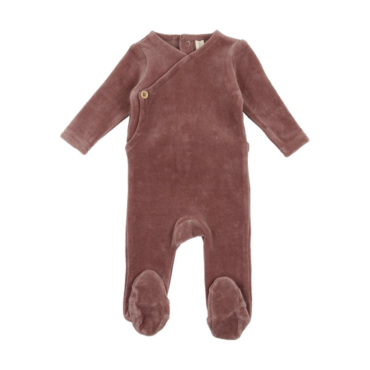 Velour Button Wrap Footie- Berry