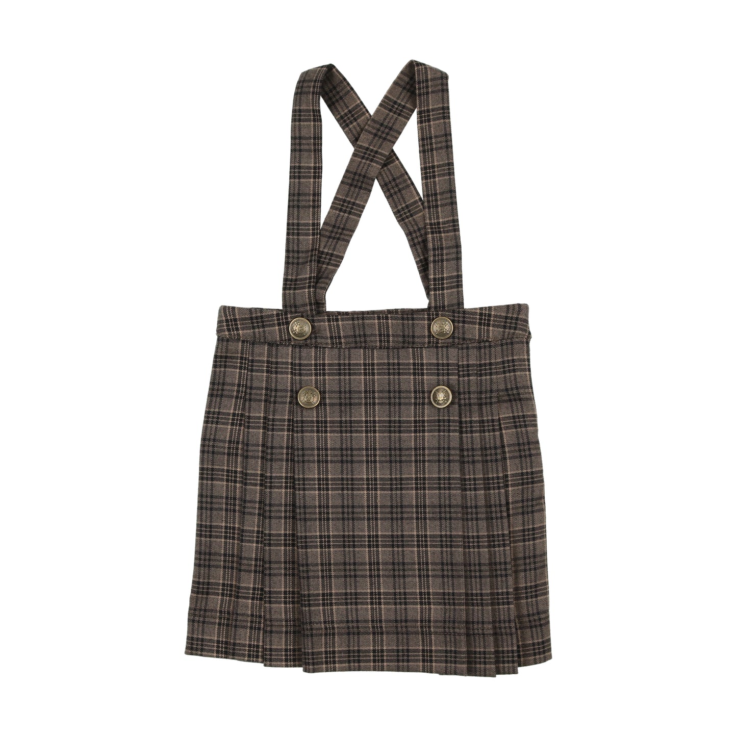 Pleated Suspender Skirt- Navy/Brown Plaid