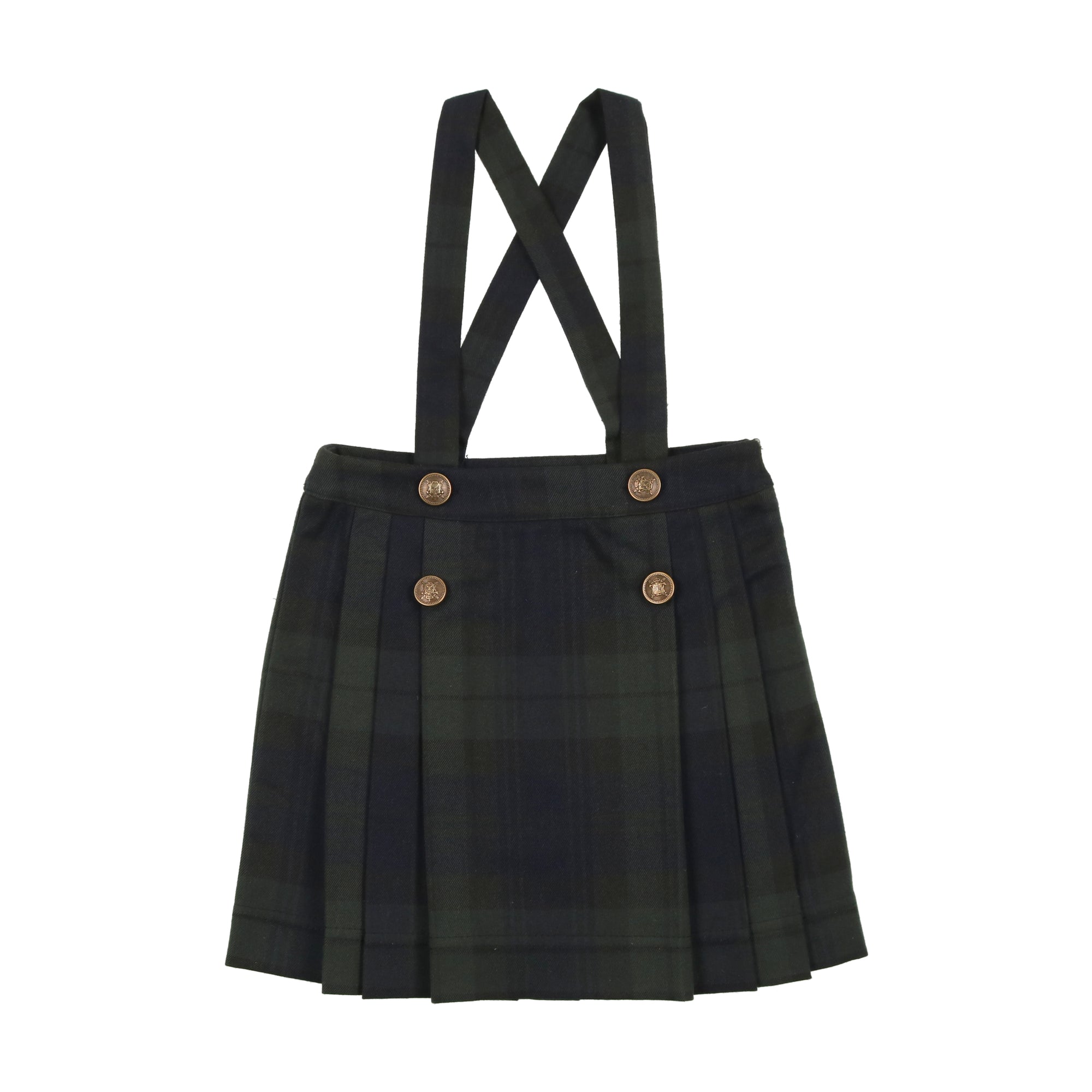 Pleated Suspender Skirt- Forest Plaid