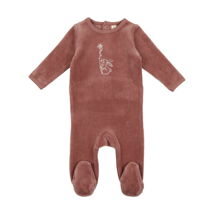 Velour Bunny Footie- Rosewood with Flower