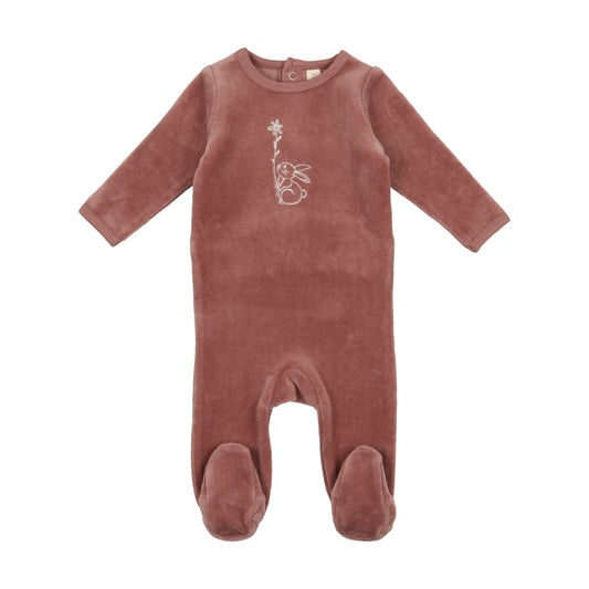 Velour Bunny Footie- Rosewood with Flower