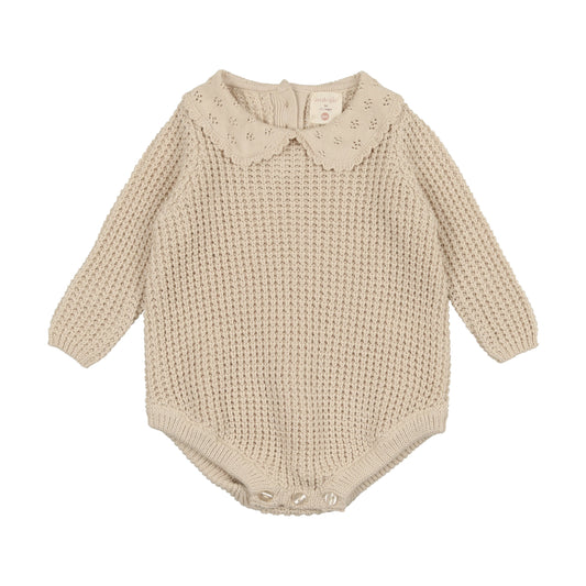 Pointelle Collar Knit Romper- Natural