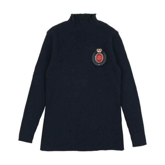 Crest Knit Funnel Neck Sweater- Navy