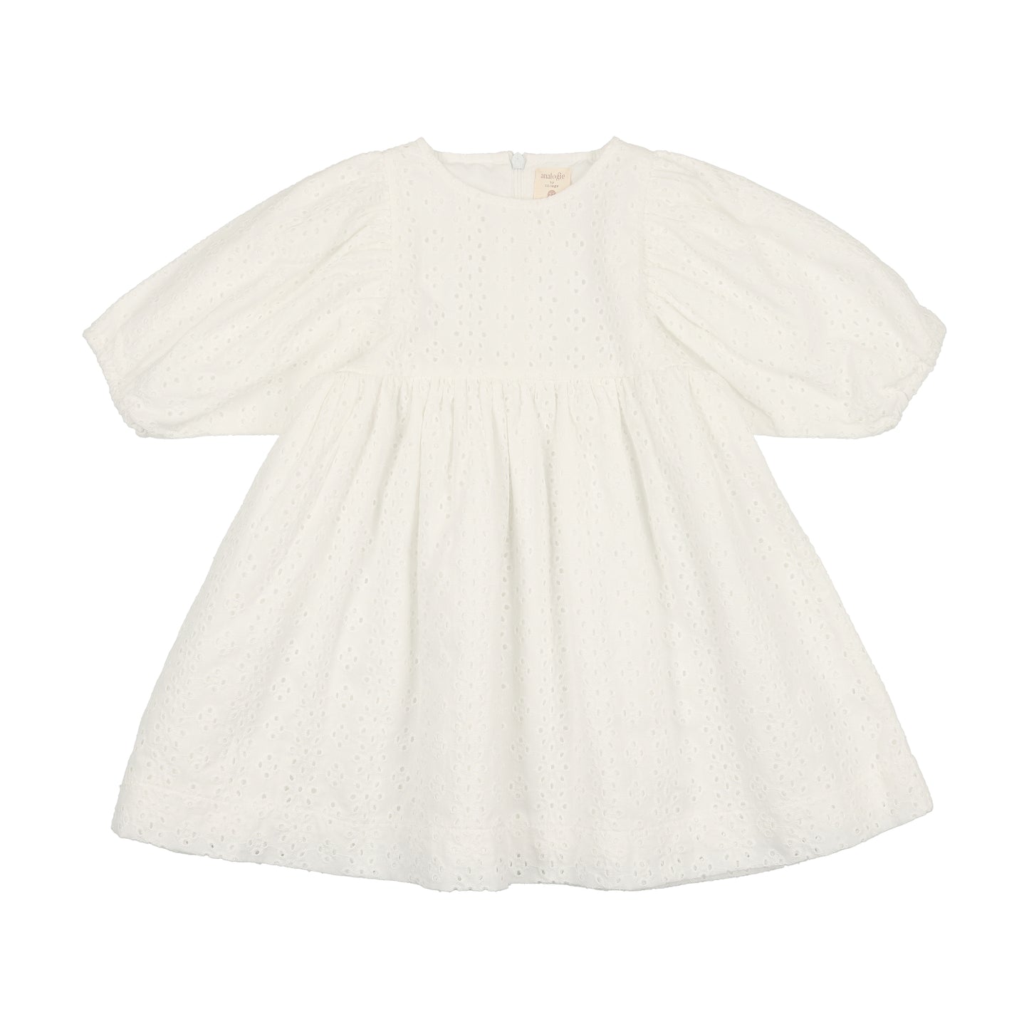 Gathered Dress Three Quarter Sleeve White Eyelet