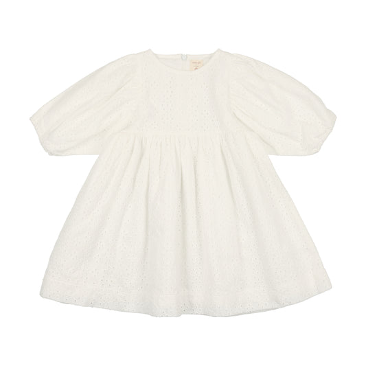 Gathered Dress Three Quarter Sleeve White Eyelet