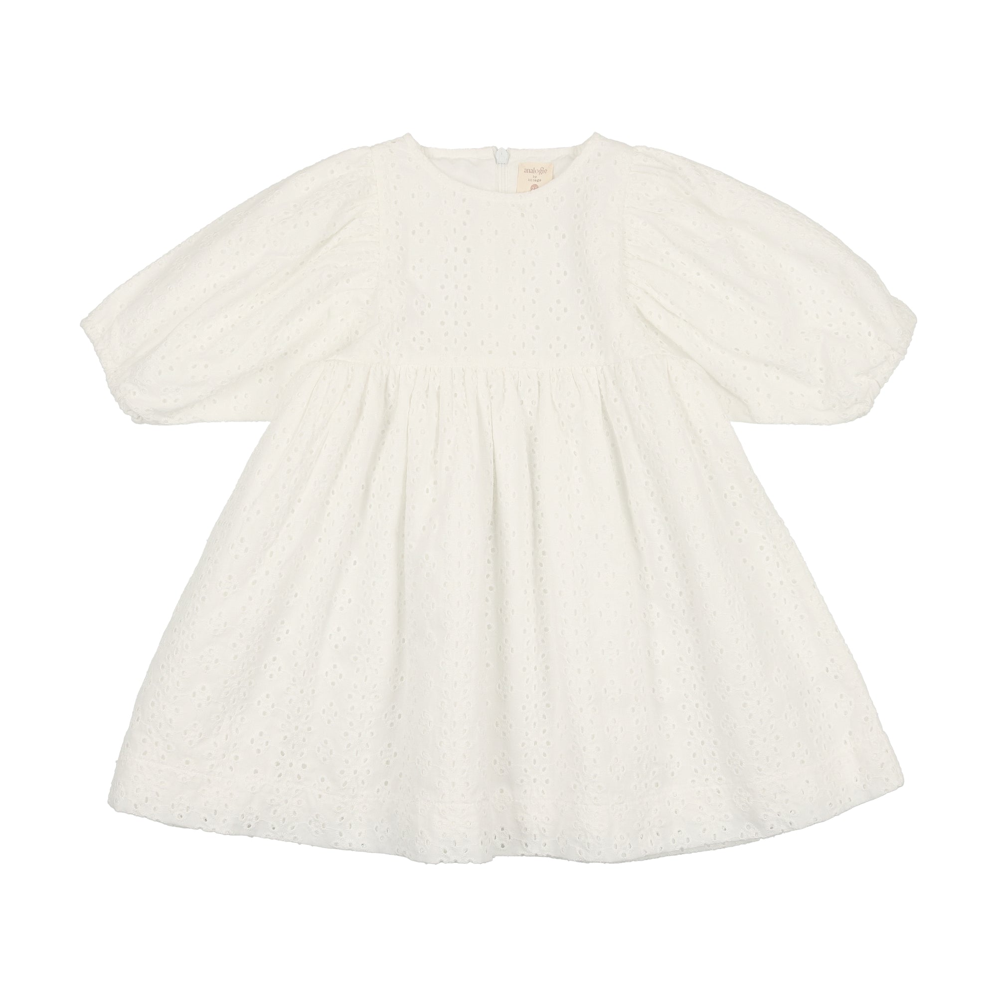 Gathered Dress Three Quarter Sleeve White Eyelet