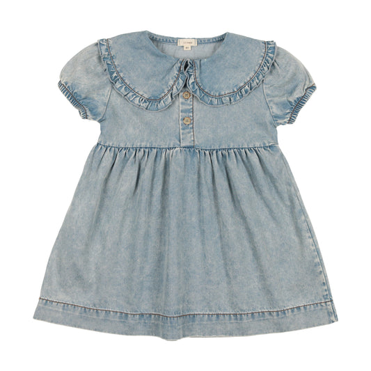 Short Sleeve Oversized Collar Denim Dress Stone Wash